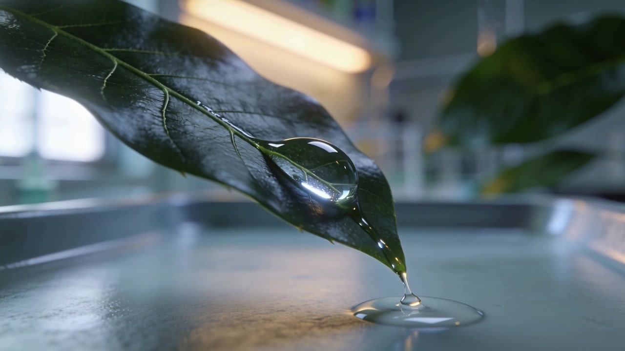 Growing droplet on glossy green leaf in lab migrating toward tip, pinching off into metal tray