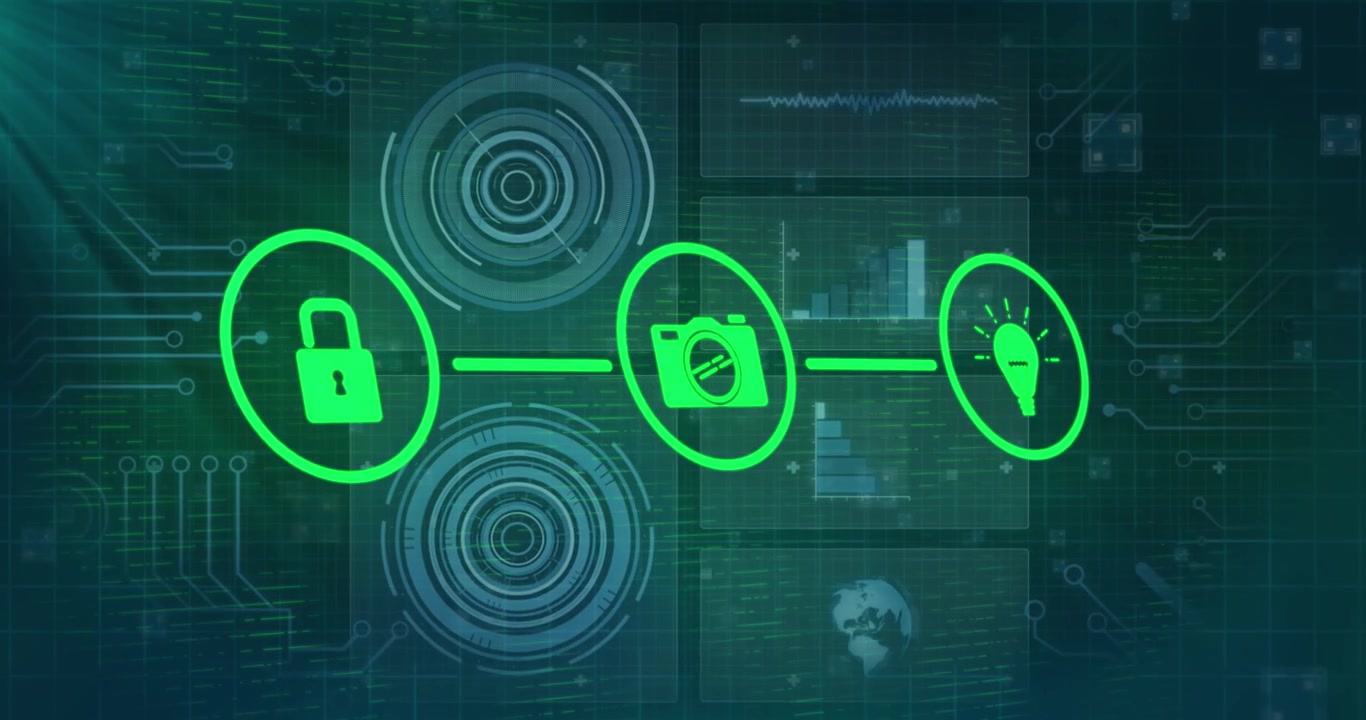 Animation of connected padlock and media icons over data processing and graphs on interface