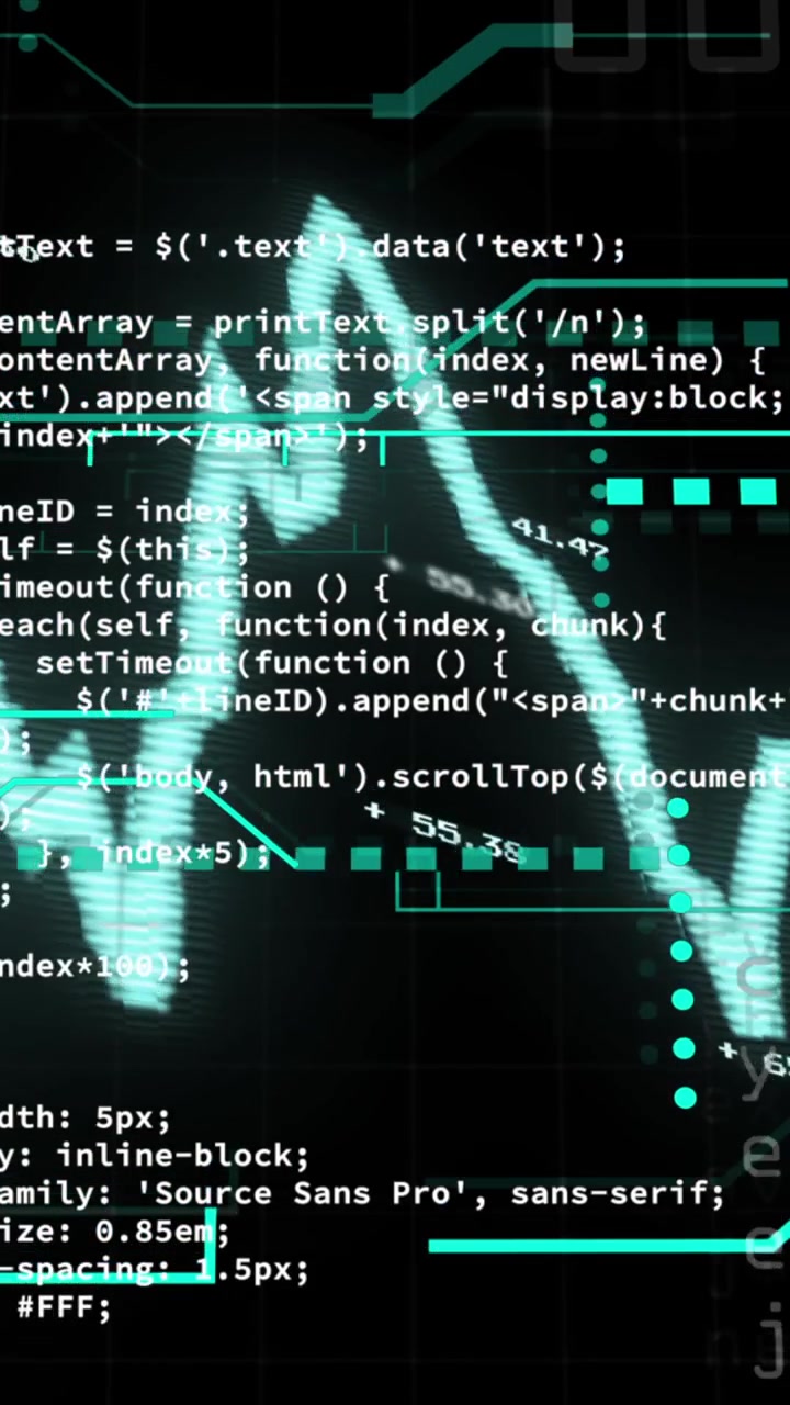 Animation of data processing over blue shapes on black background