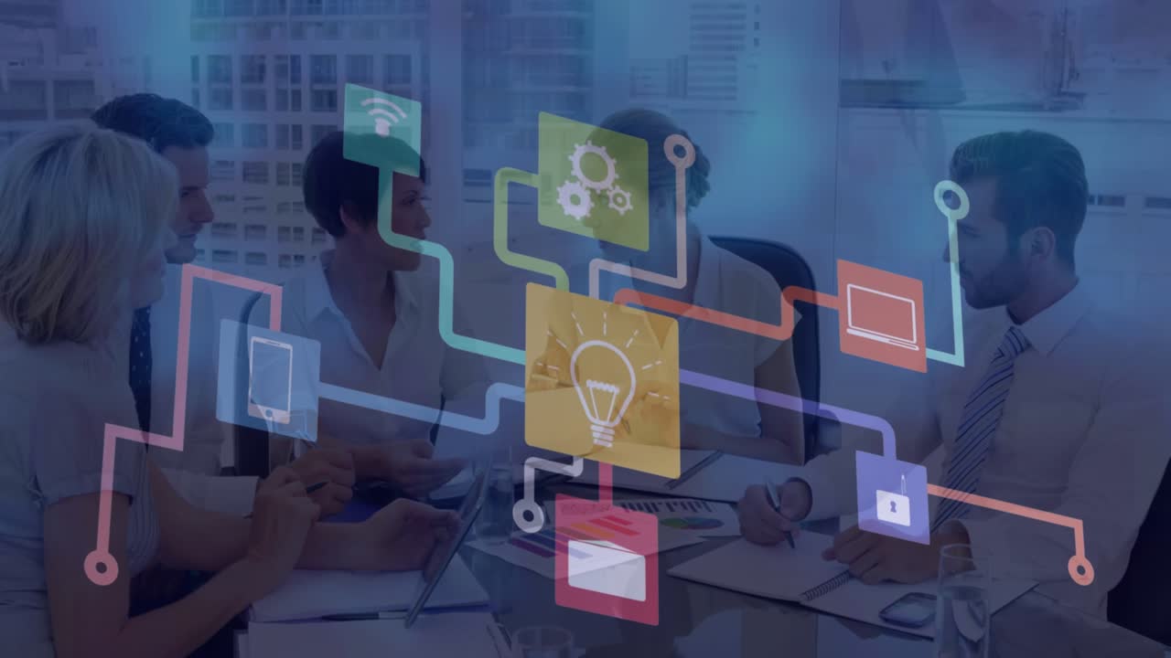 Animation of connections with icons and data processing over diverse business people