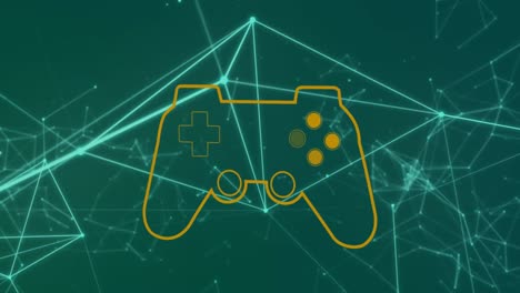 Animation-of-game-controller-over-connected-dots-forming-geometric-shape-against-blue-background