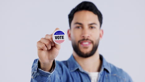 face, vote or happy man with badge for politics