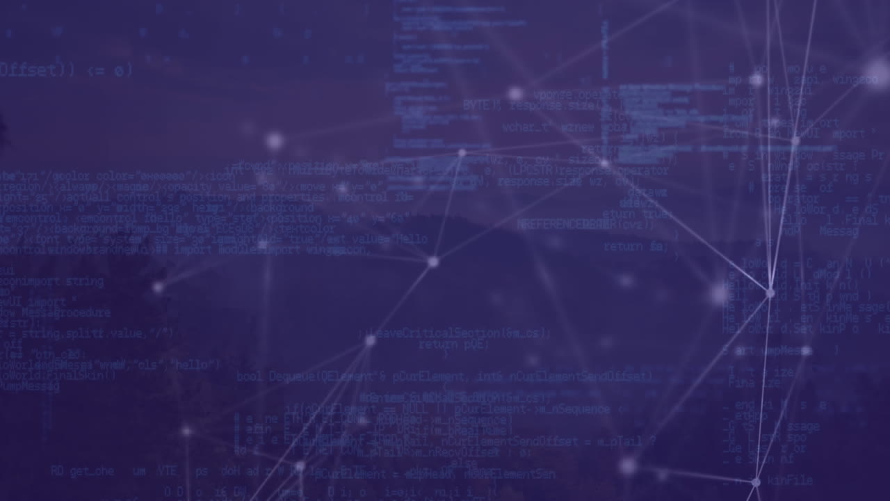 Animation of network of connections and data processing over landscape