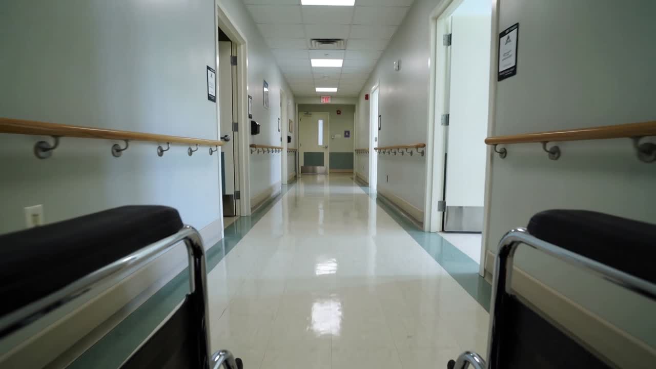 Sedia a rotelle manuale in movimento spinta verso l'uscita e stanze socchiuse lungo un corridoio medico con corrimano