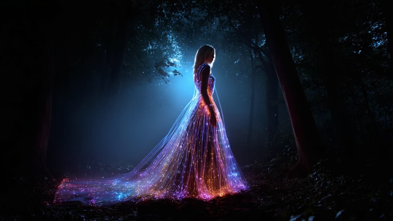 A Magical Transformation in a Dim Forest: A Mystical Figure Dressed in a Vibrant, Illuminated Gown Stands Elegantly, Surrounded by Enchanting Light Effects, Capturing an Ethereal Moment of Wonder and Beauty