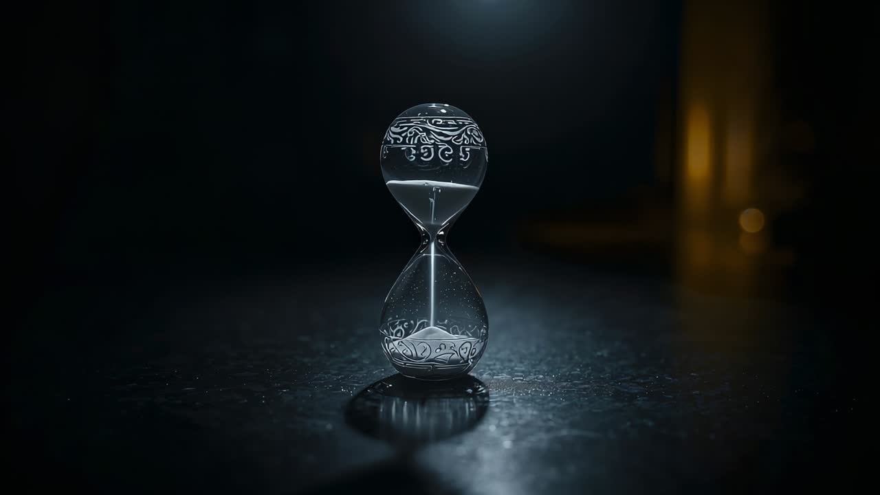Flipping ornate hourglass starting white sand trickling into bottom bulb on table under spotlight