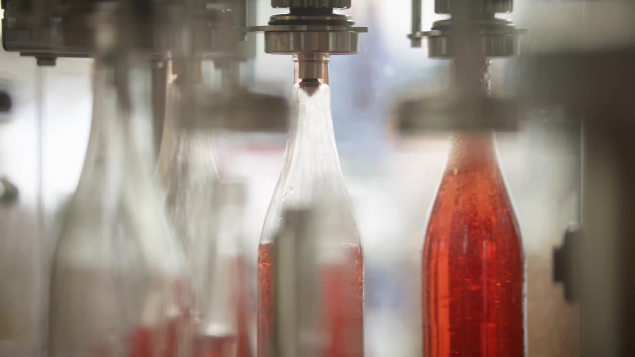 Red wine bottles are automatically filled on a conveyor belt in a winery production line