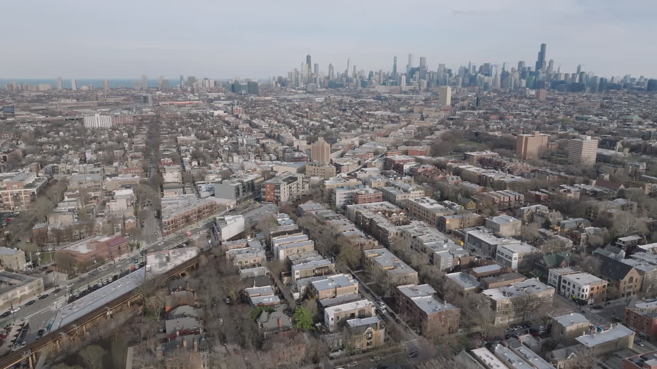 Aerial view of The Chicago L in Bucktown. Shot on a spring day.