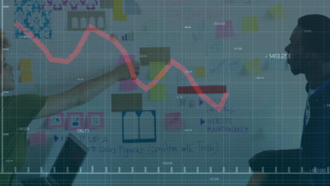 declining stock market graph animation over business meeting with charts and sticky notes