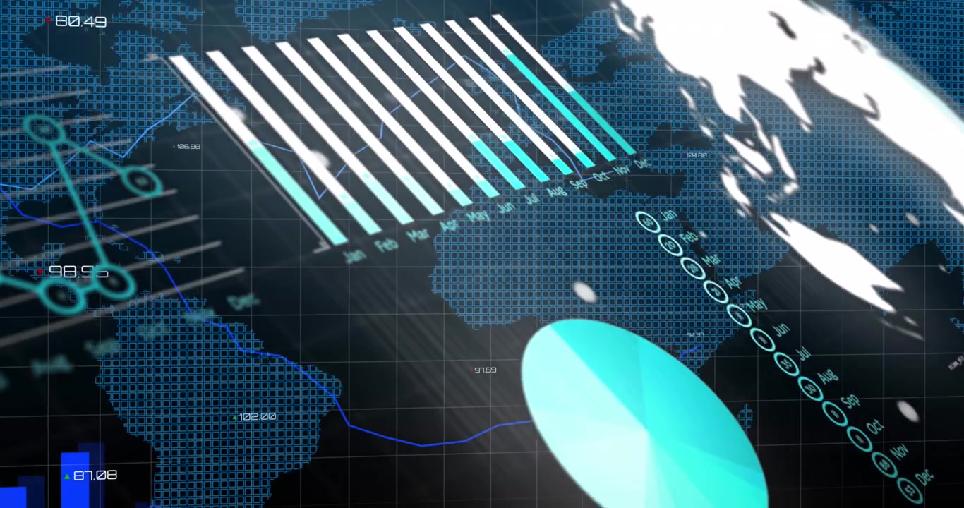 Animation of graphs and financial data over world map and digital screen
