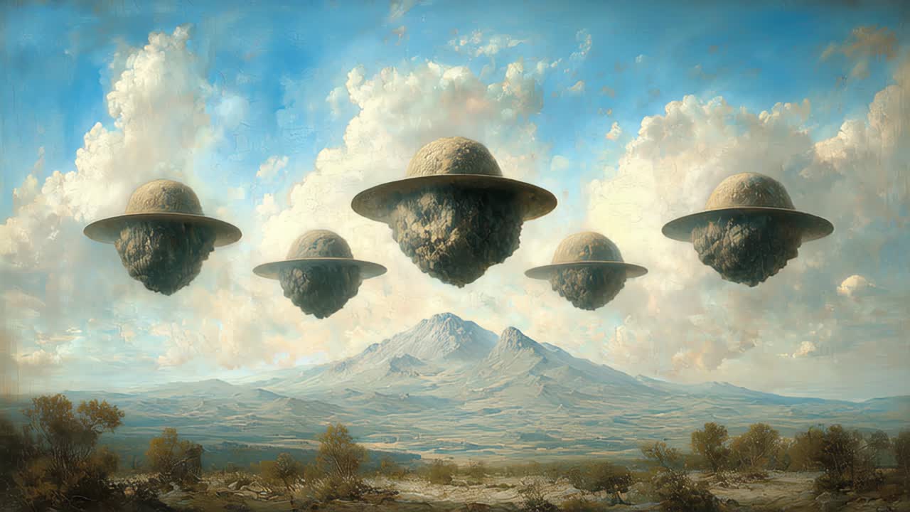 Floating hats create whimsical sky scene