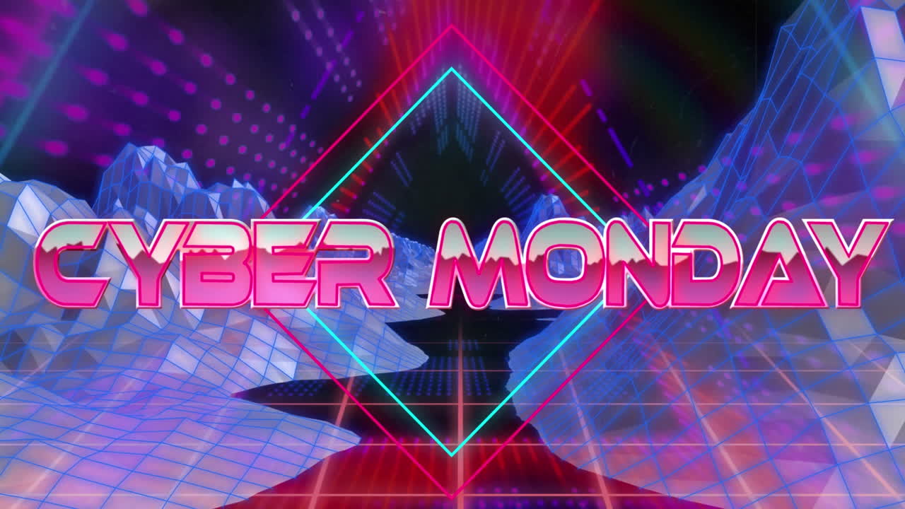 사이버 월요일 텍스트 오버 빛나는 패턴 및 메타버스의 비디오