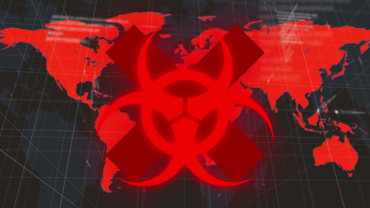 animación de un cartel de advertencia sobre el mapa del mundo sobre un fondo negro