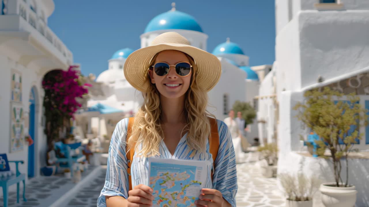 Filmato di viaggio di una giovane donna turista sorridente che tiene una mappa su una strada soleggiata con edifici imbiancati a calce e cupole blu a Santorini, Cicladi, Grecia.