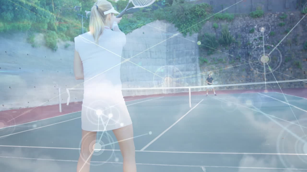 female tennis player swinging racket on court, showing floating technology network lines and nodes