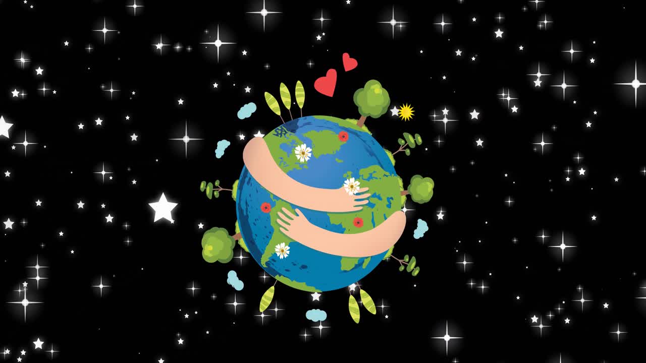 animación de brazos abrazando el globo con plantas sobre el cielo nocturno