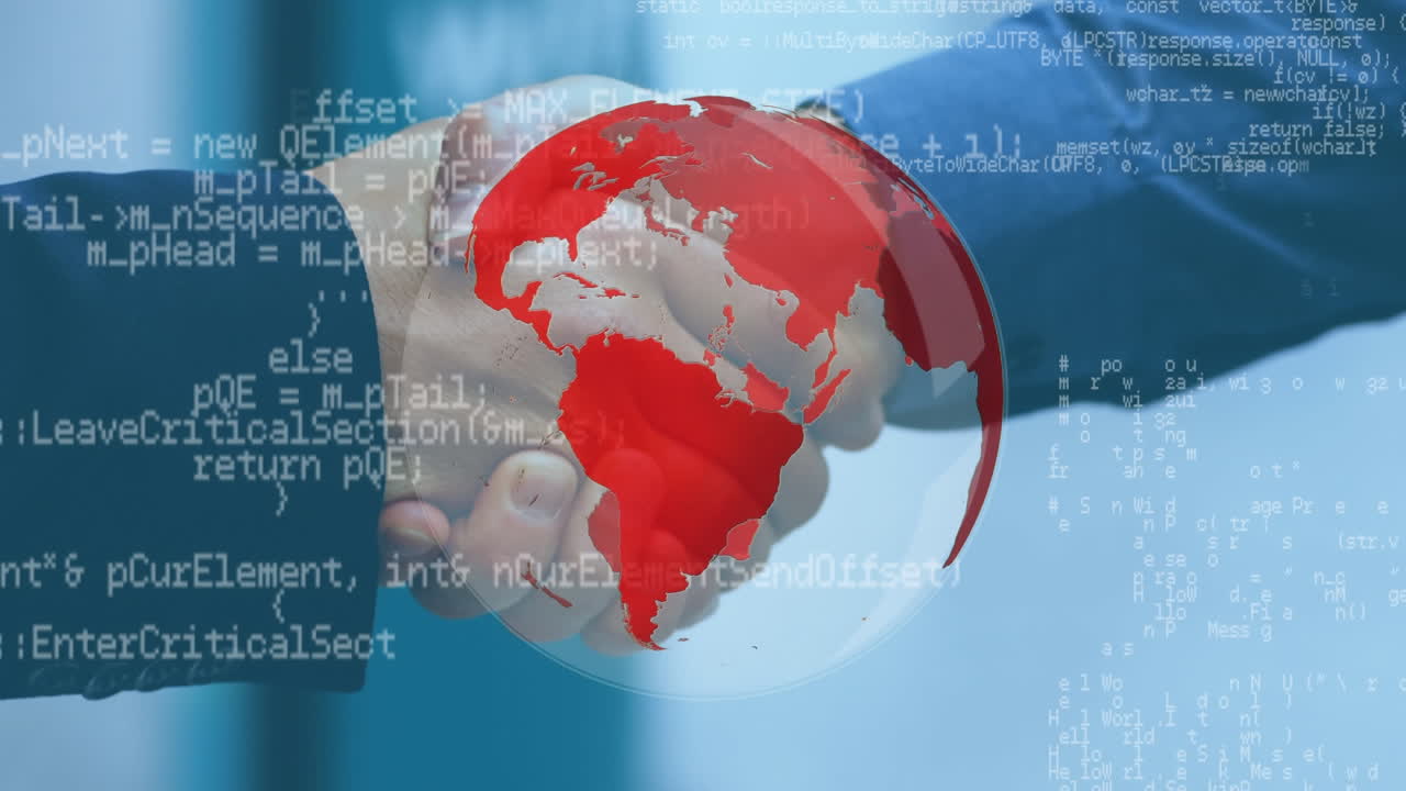 손을 흔들고 있는 사업가 들 과 프로그램 코드 가 있는 지구