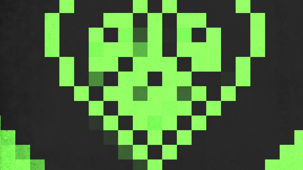 encantador cráneo pixelado con ojos verdes brillantes sobre un fondo negro