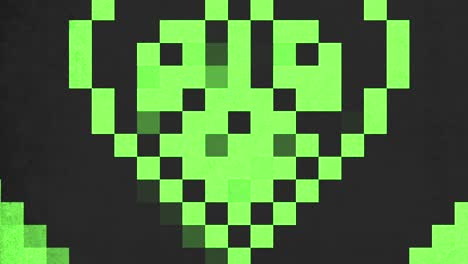 encantador cráneo pixelado con ojos verdes brillantes sobre un fondo negro
