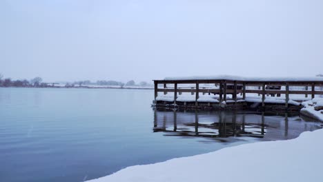 snow falling against a background of lake shore