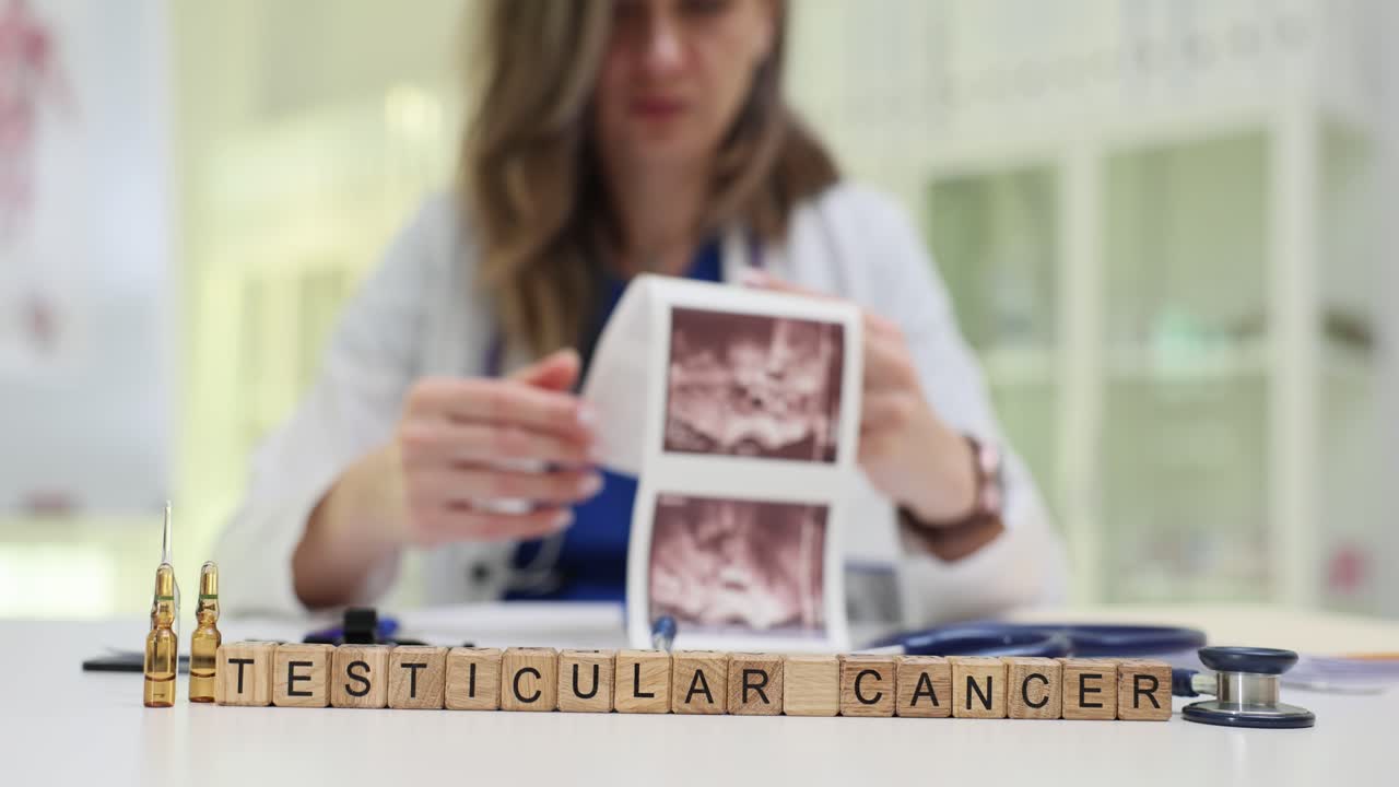 Text om testikelcancer på kuber och läkare som granskar patientröntgenbilder