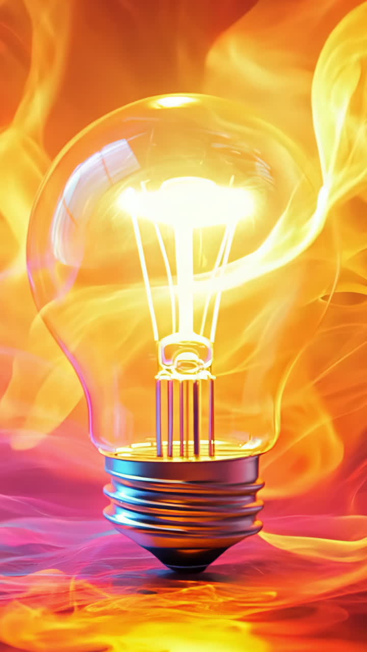 A light bulb is lit up in a colorful background. The light bulb is the main focus of the image, and the colors of the background create a sense of energy and excitement Vertical video