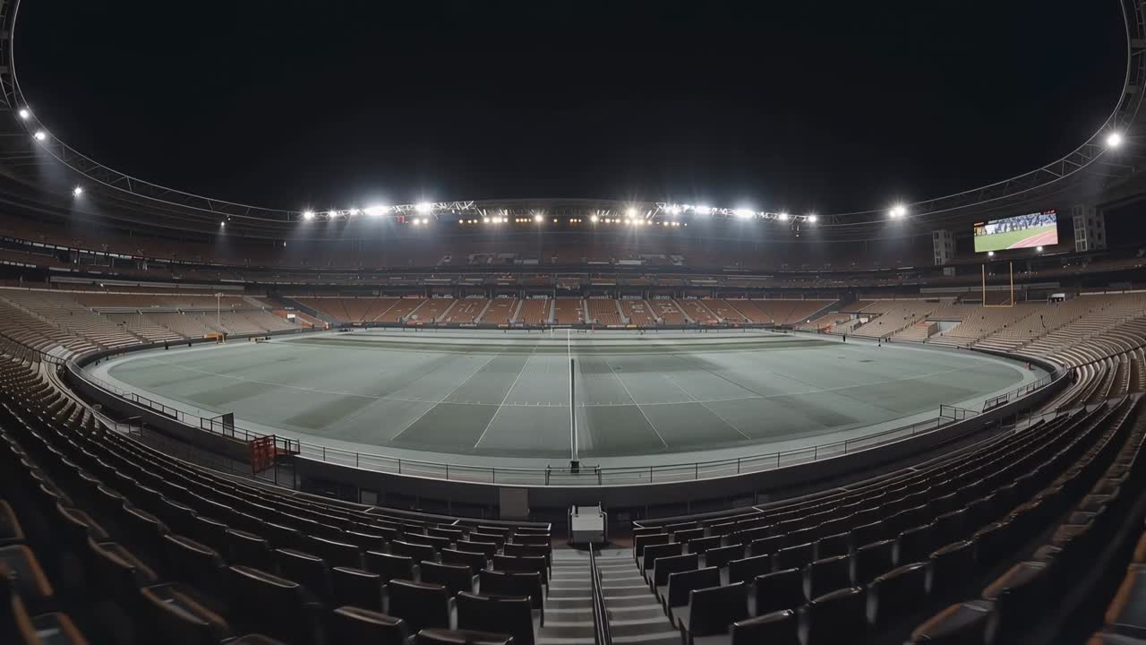Fari che si illuminano e telecamera in movimento che rivelano il campo centrale nell'arena per l'illuminazione e il tabellone segnapunti.