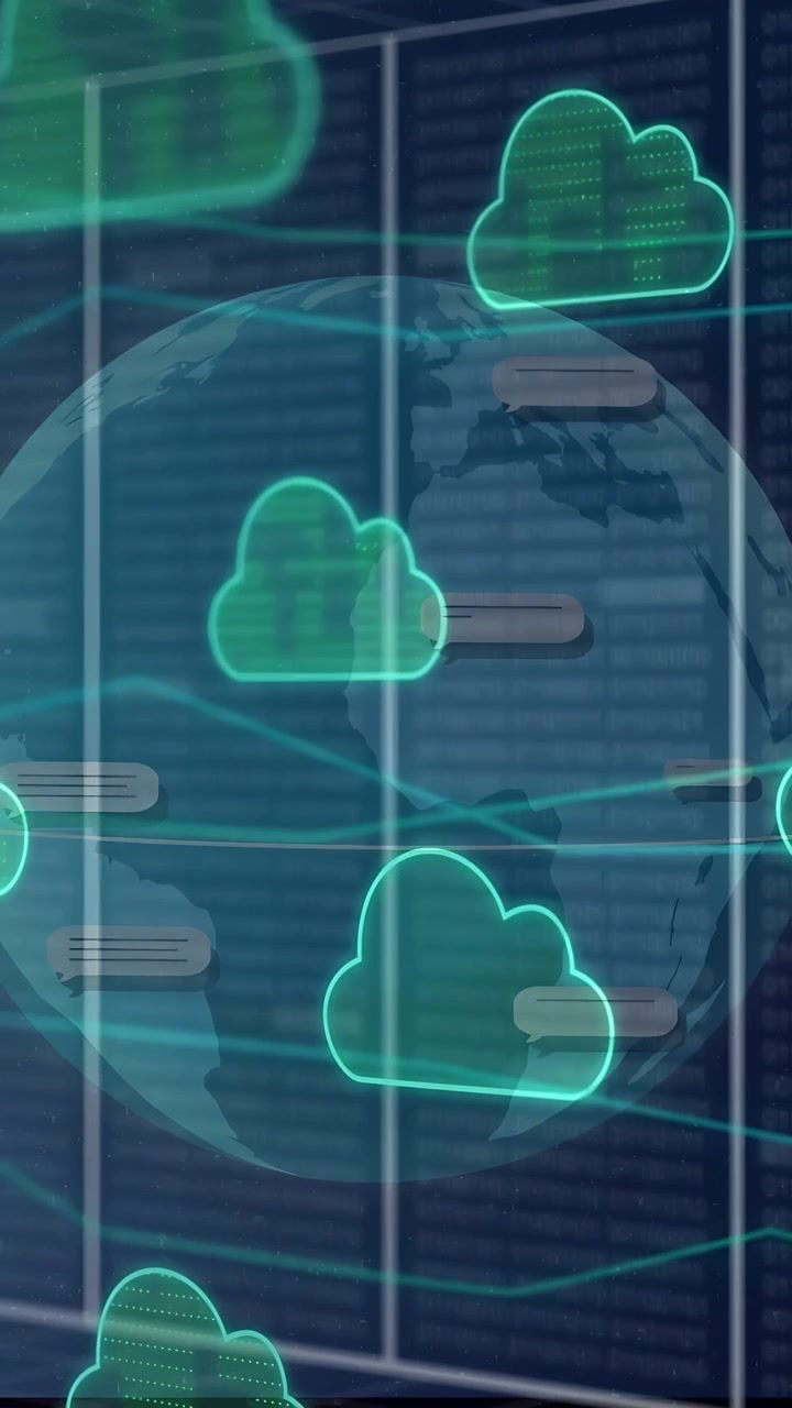 Video verticale: Impulso del rack che avvia un globo olografico, nuvole che crescono, nodi che si collegano, IA che mostra la rete