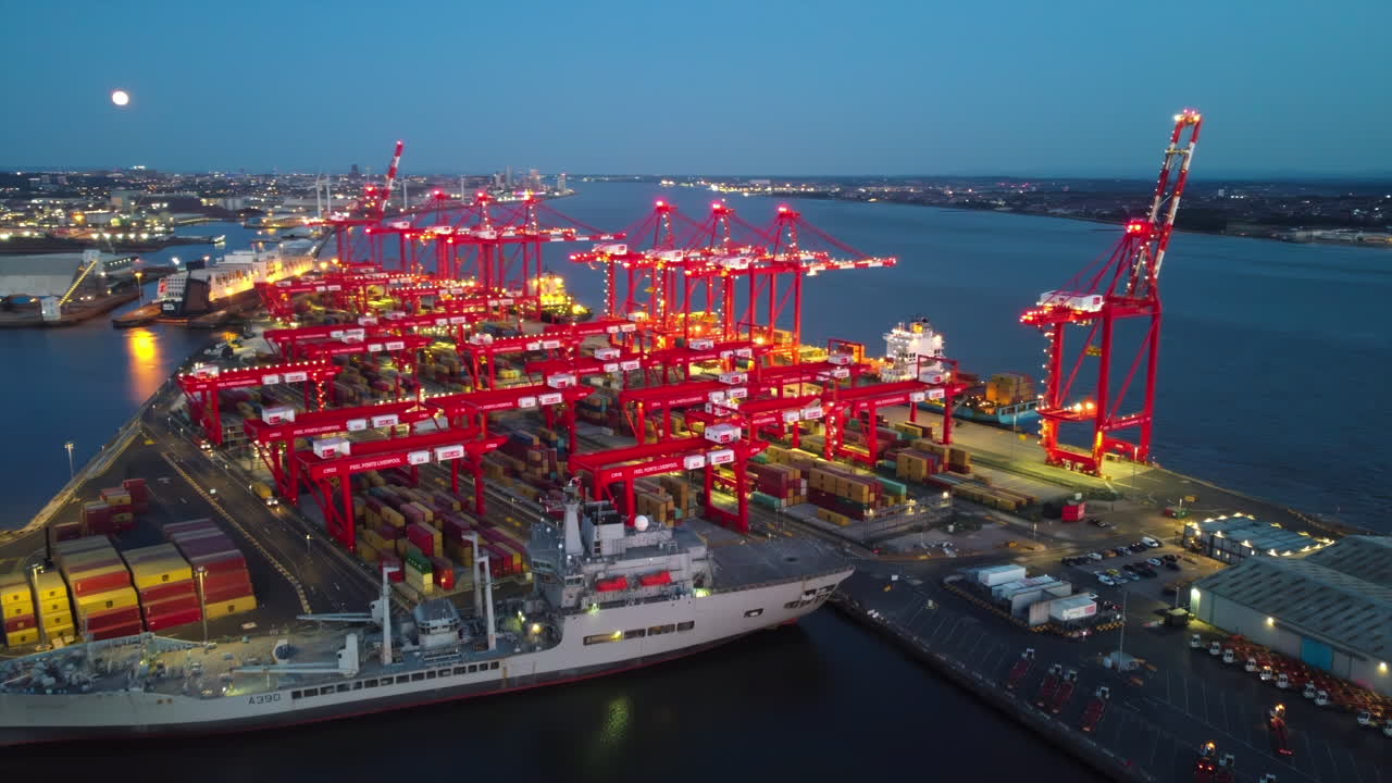 LIVERPOOL, UNITED KINGDOM - MAY 10 2023: Aerial drone view of cargo port terminal