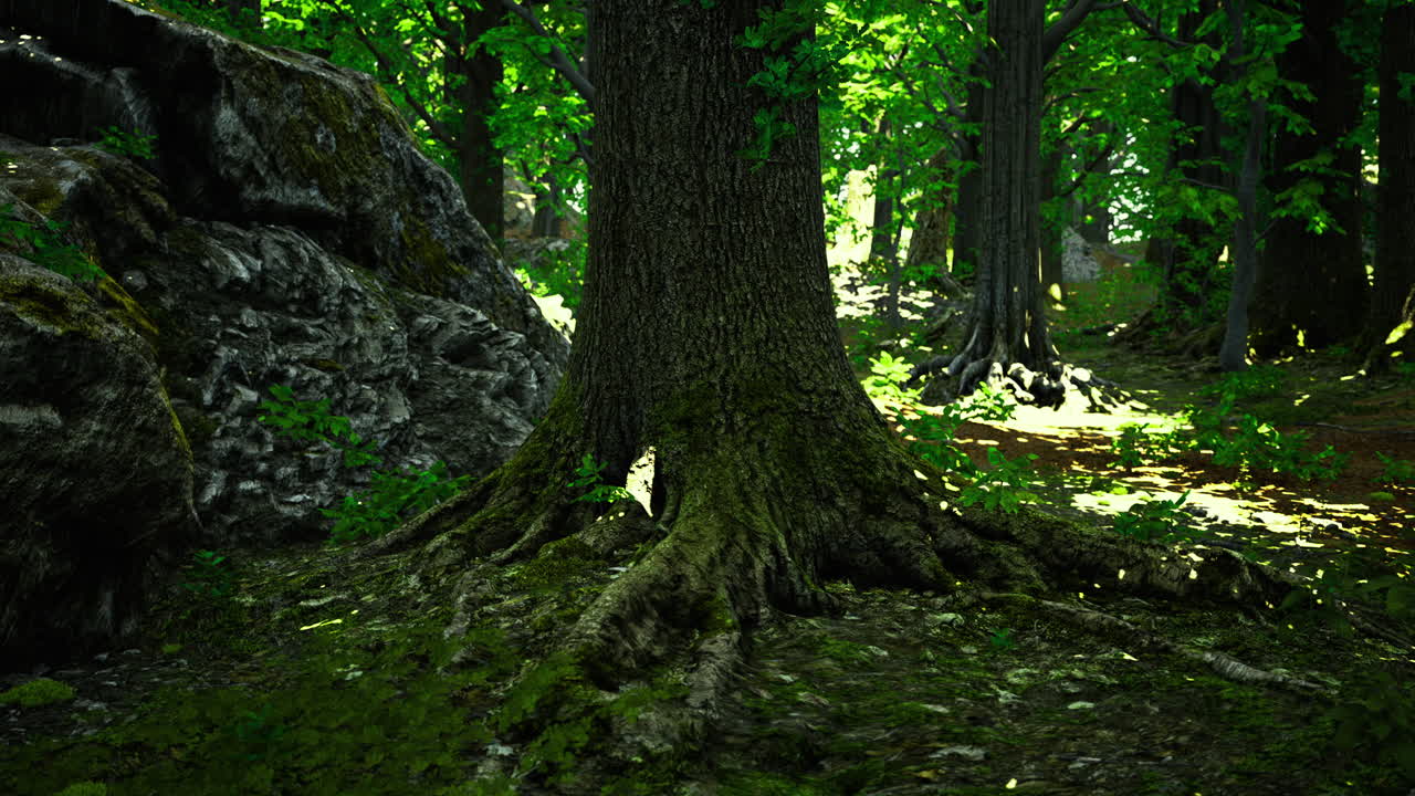 Sunlight filters through trees creating a serene woodland atmosphere in nature