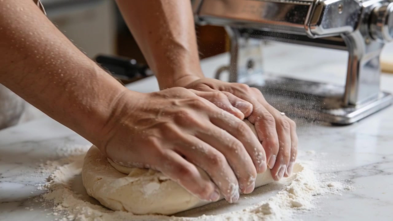 Mani di fornaio che impastano, piegano e stendono la pasta su un piano di marmo infarinato per la pasta, con mattarello e grembiule.