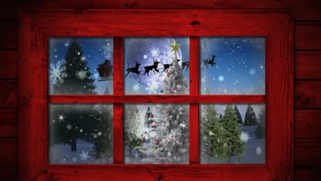 Red-window-frame-against-snowflakes-falling-over-christmas-tree-on-winter-landscape