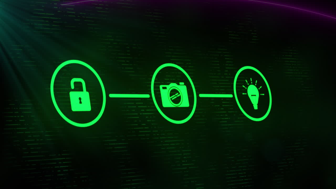 animación de iconos y procesamiento de datos sobre un fondo oscuro