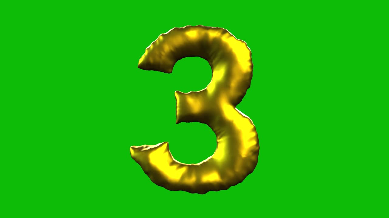 Gold Foil balloon number 3 inflates, spins, and reveals on green screen in 3D animation. Ideal for celebrations, parties, birthdays, and video editing projects