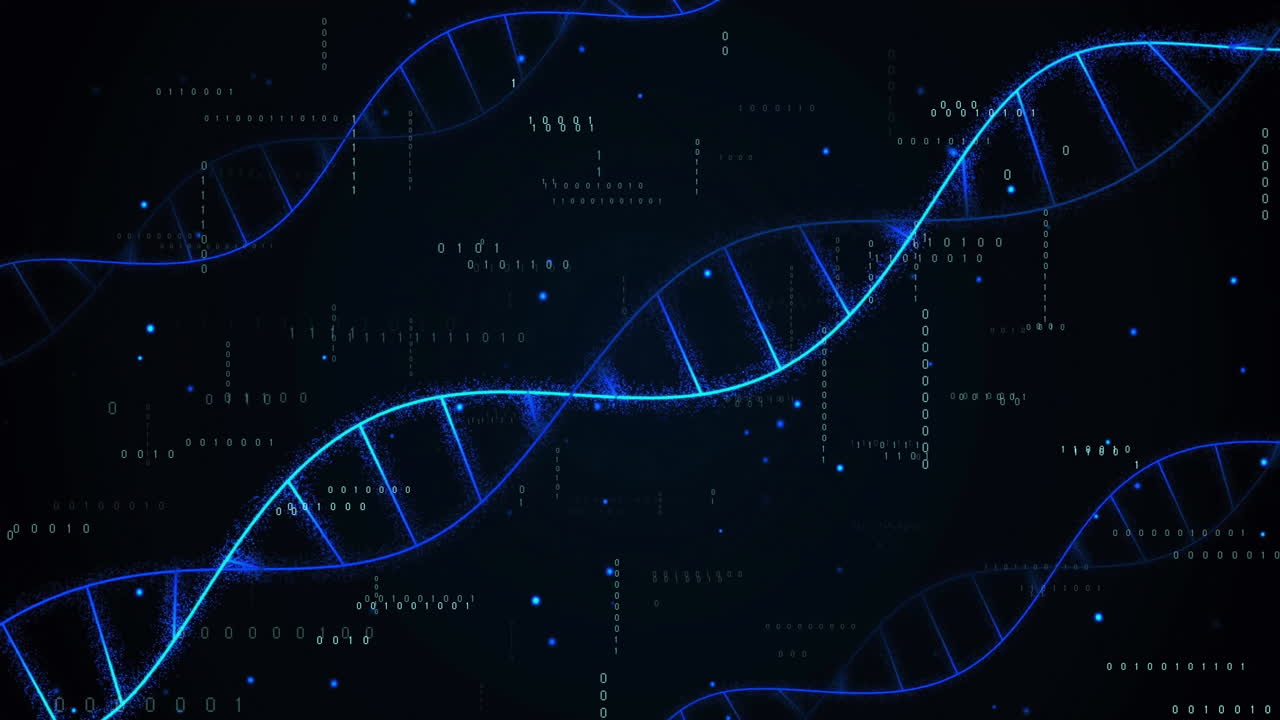 animación de cadenas de adn sobre el procesamiento de datos en fondo negro