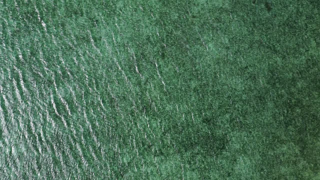 Ripresa drone dall'alto che cattura acqua turchese cristallina e il fondale marino su una laguna tropicale.