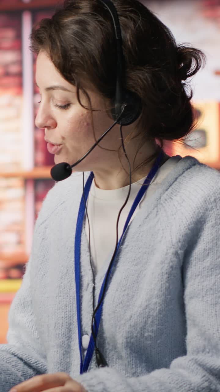 Vertical video Call center worker speaking in audio headset microphone