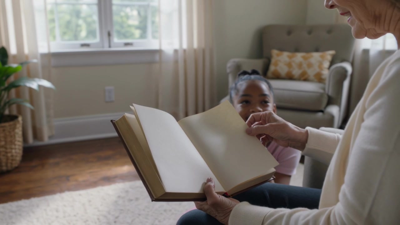 Une femme en pull apporte un livre et tourne les pages, tandis qu'une fille en rose regarde pour l'heure du conte à la maison.