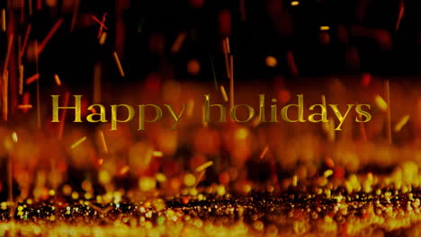 animation of happy holidays text over sprinklers falling on ground over abstract background