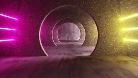 endless flight in a gray concrete tunnel with bright luminous neon stripes. modern ultraviolet light spectrum. the movement of the camera in a circle. seamless loop of abstract animation