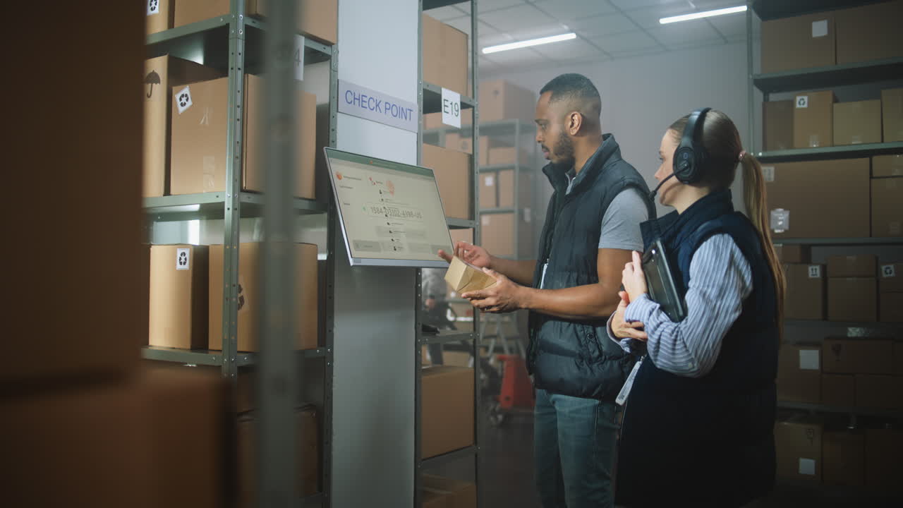 personal del almacén inspeccionando los paquetes en el punto de control