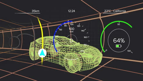 displaying speed, distance, and battery, digital car dashboard with animation