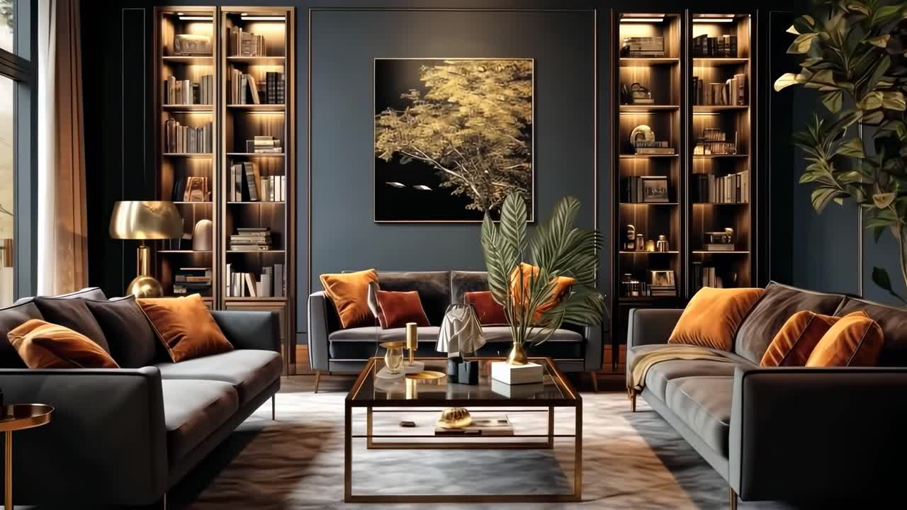 Luxurious living room with a modern style, featuring a frontal camera angle