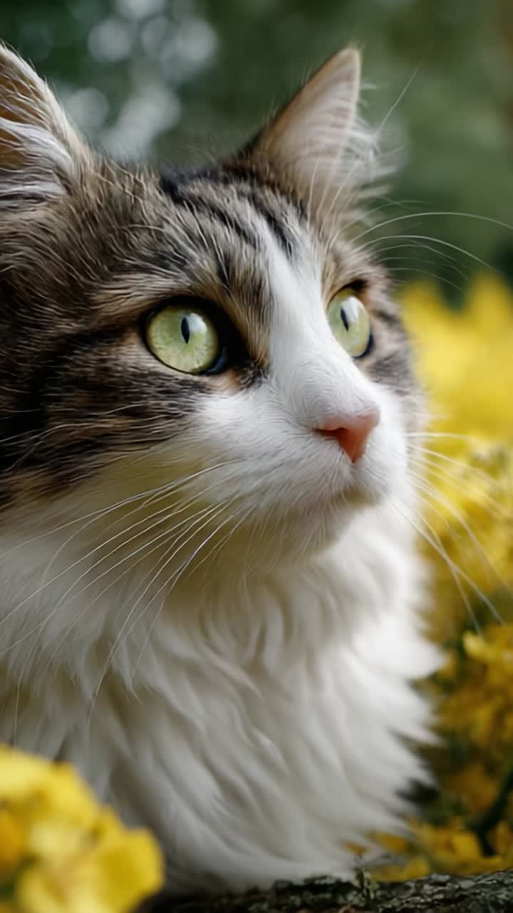 Un gatto curioso circondato da vivaci fiori gialli, catturato in un momento sereno, che mette in mostra i suoi sorprendenti occhi verdi e la sua pelliccia folta
