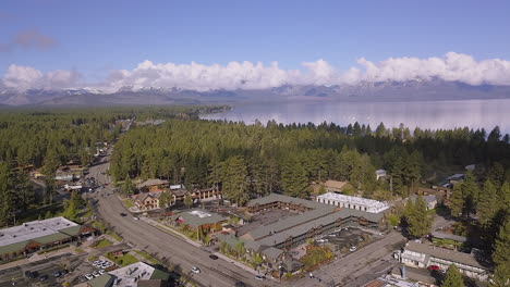 drone footage above the main road in south lake tahoe, california