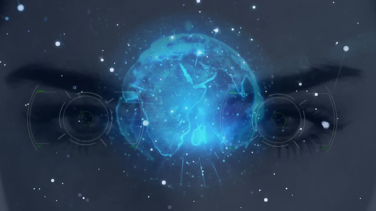 Animation of globe with network of connections over scopes and woman's eyes