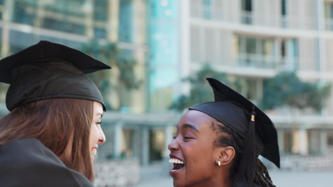 Graduation, friends hug and excited women