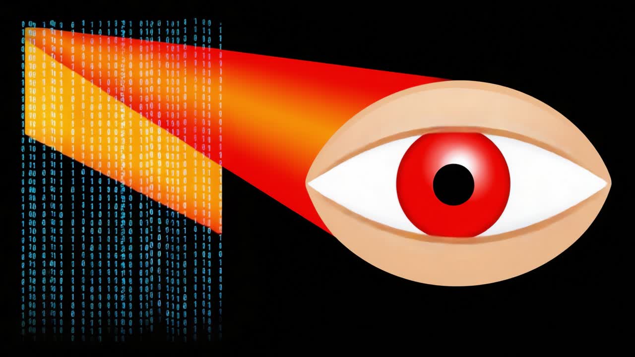 Animation showing a blinking eye observing and absorbing digital information represented by binary code, illustrating the concept of data analysis, technology, and human computer interaction