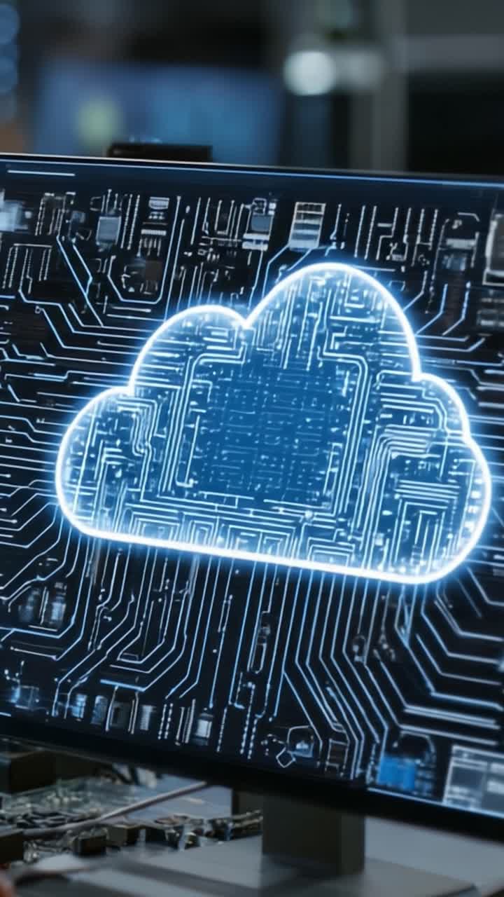 Visual Representation of Cloud Computing: A Dual Frame Journey through Digital Networks and Technology, Showcasing Circuit Patterns Merging with Cloud Symbols