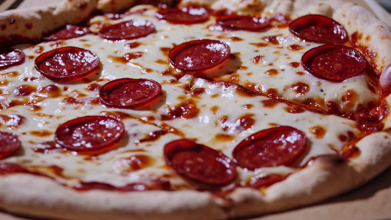 Video ravvicinato di una pizza al salamino piccante, che cattura il formaggio fuso e i bordi croccanti da una leggera